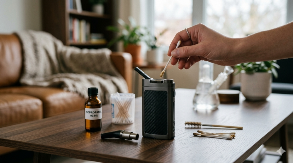 Vaporizer Reinigung mit Isopropanol und Wattestäbchen auf einem Holztisch